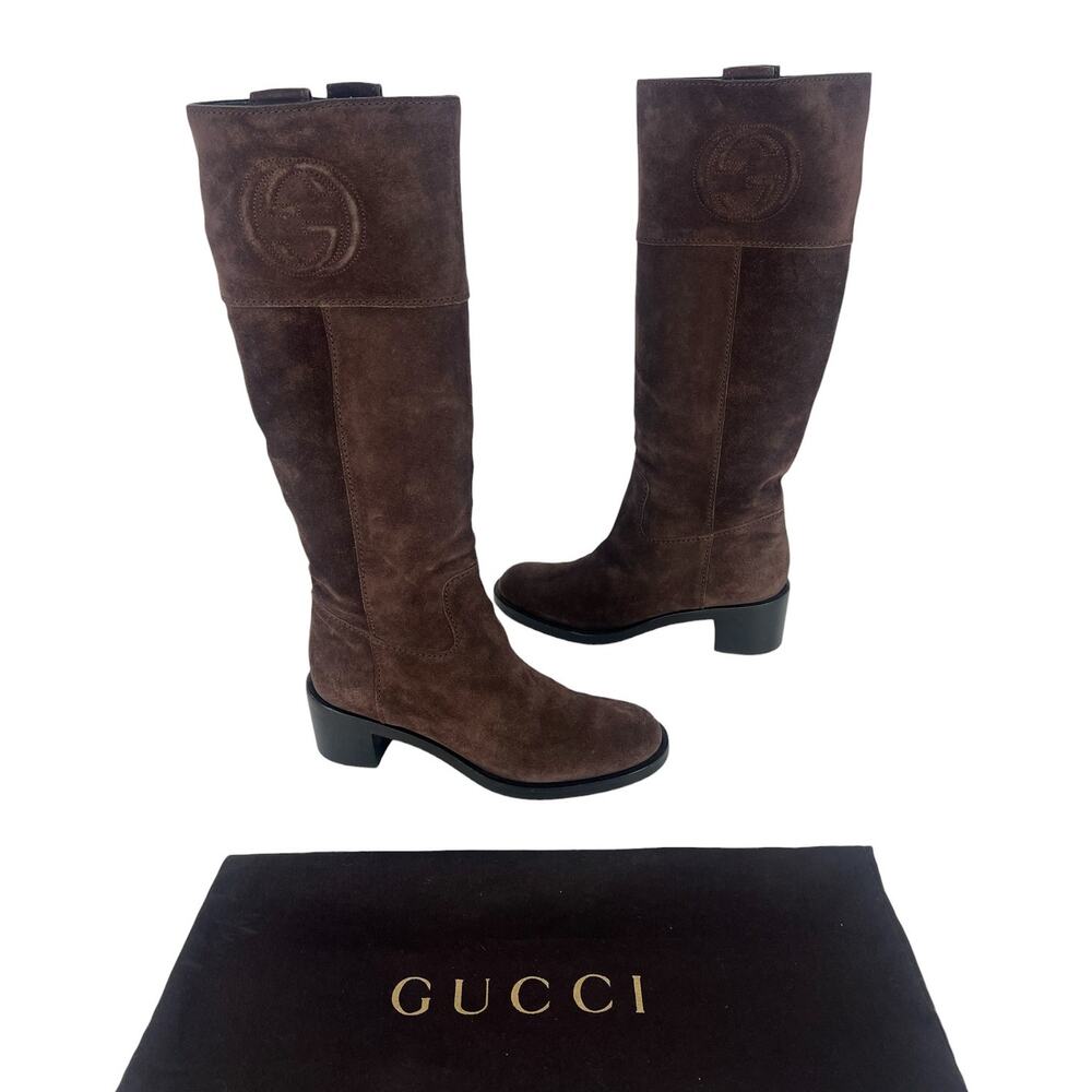 Gucci Brown Suede GG Logo Riding Boots Size 38.5 - Picture 4 of 14